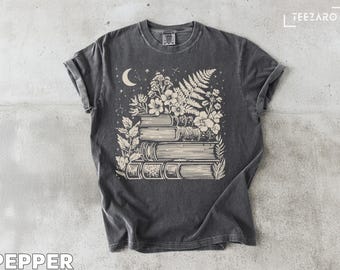 Botanical Moon & Books T-Shirt: Dark Academia Comfort Colors Tee