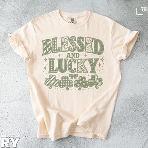 Blessed Lucky St Patricks Day T-Shirt, Faux Patchwork Shamrock Tee, Rustic Clover Shirt