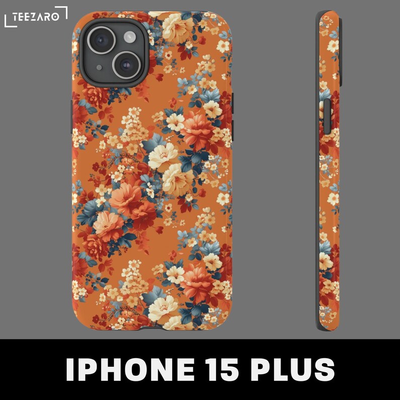 May include: A floral phone case for the iPhone 15 Plus. The case features a bright orange background with a repeating pattern of red, yellow, and blue flowers.