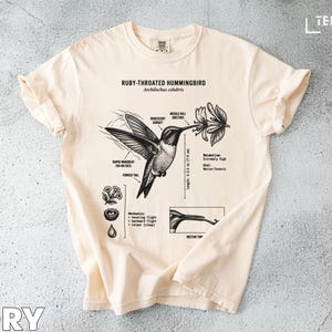 Op de afbeelding: Ivoor t-shirt met een gedetailleerde illustratie van een robijnkeelkolibrie, met wetenschappelijke annotaties. Het ontwerp omvat de anatomie van de vogel, zijn dieet en vliegmechanica. De tekst "RUBY-THROATED HUMMINGBIRD" staat bovenaan.