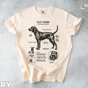 Plott Hound anatomy diagram on a cream t-shirt, showing physical traits and habitat.