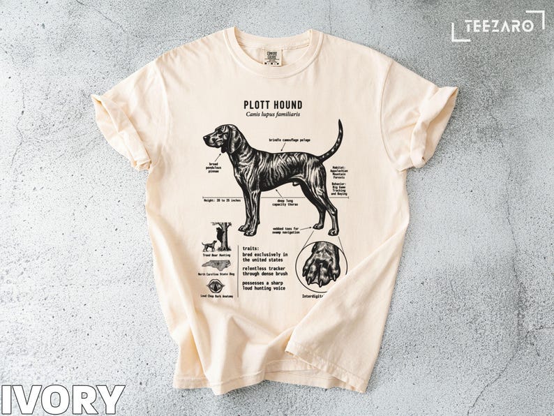 Plott Hound anatomy diagram on a cream t-shirt, showing physical traits and habitat.