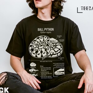 Black t-shirt with Ball Python diagram and educational text.