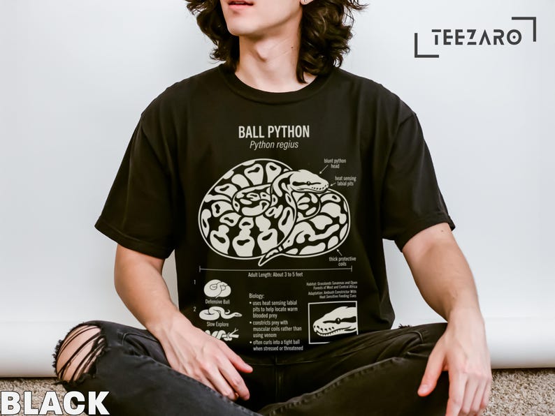 Black t-shirt with Ball Python diagram and educational text.