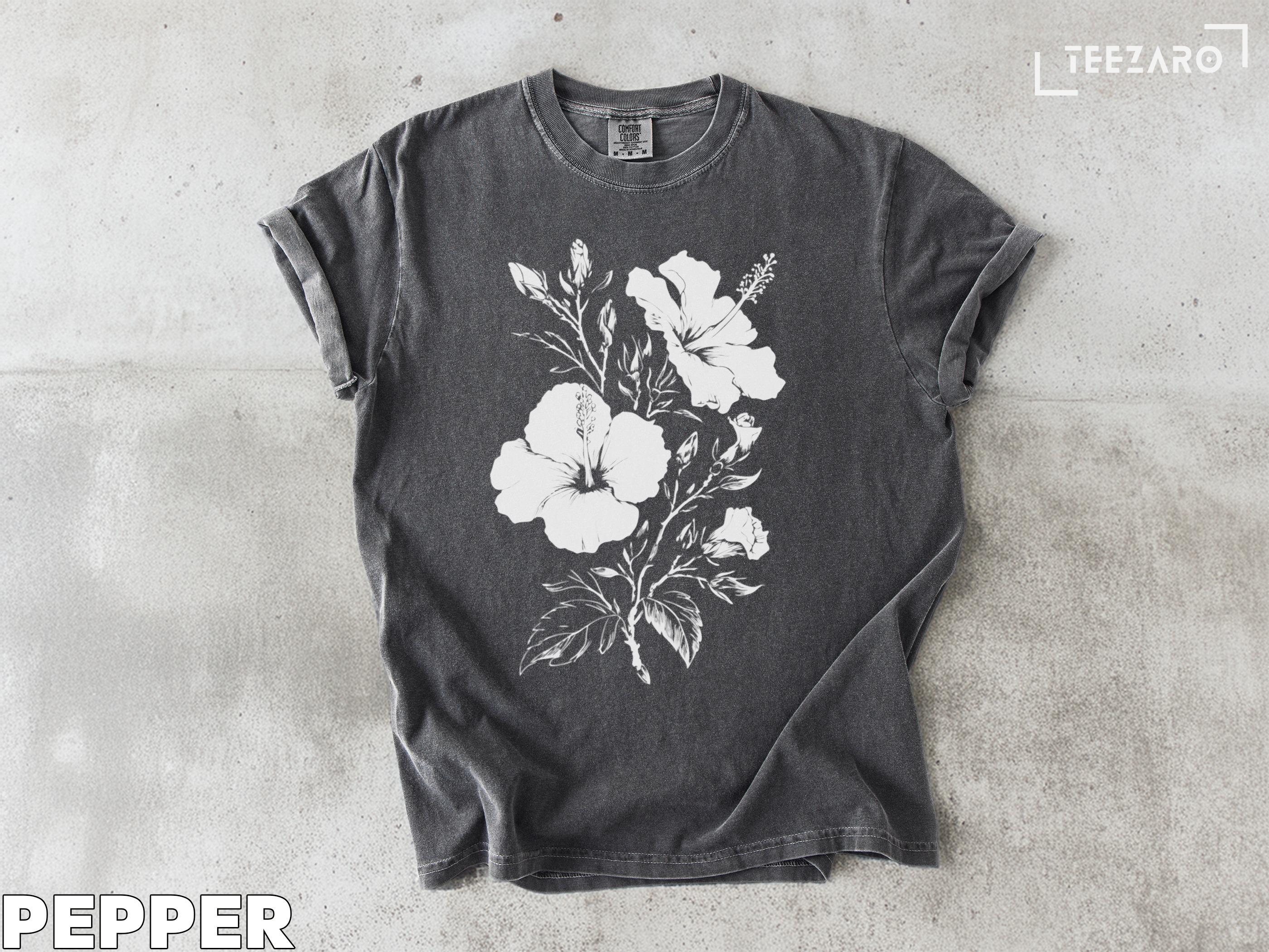 Hibiscus Flower T-shirt: White Ink Floral Art, Comfort Colors Tee