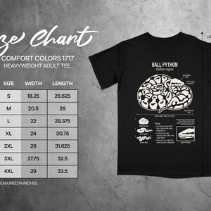 Size chart for Comfort Colors 1717 heavyweight adult tee with python anatomy illustration.