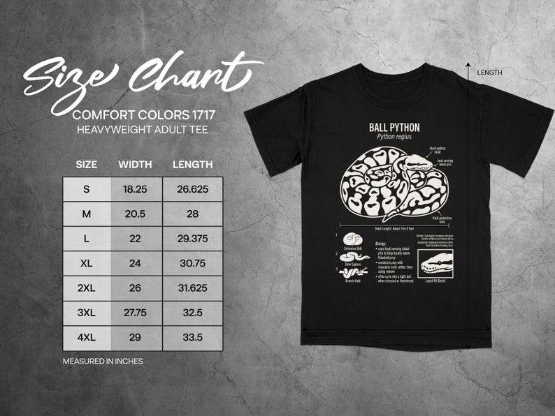 Size chart for Comfort Colors 1717 heavyweight adult tee with python anatomy illustration.