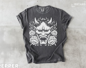 T-shirt Oni Mask, T-shirt met Japanse demon bloemenprint