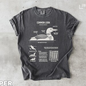 Puede incluir: Una camiseta gris oscuro con un diagrama detallado de un somorgujo común, incluyendo su anatomía y hábitat. El texto "COMMON LOON" está en la parte superior, con información científica. La camiseta es de material suave.