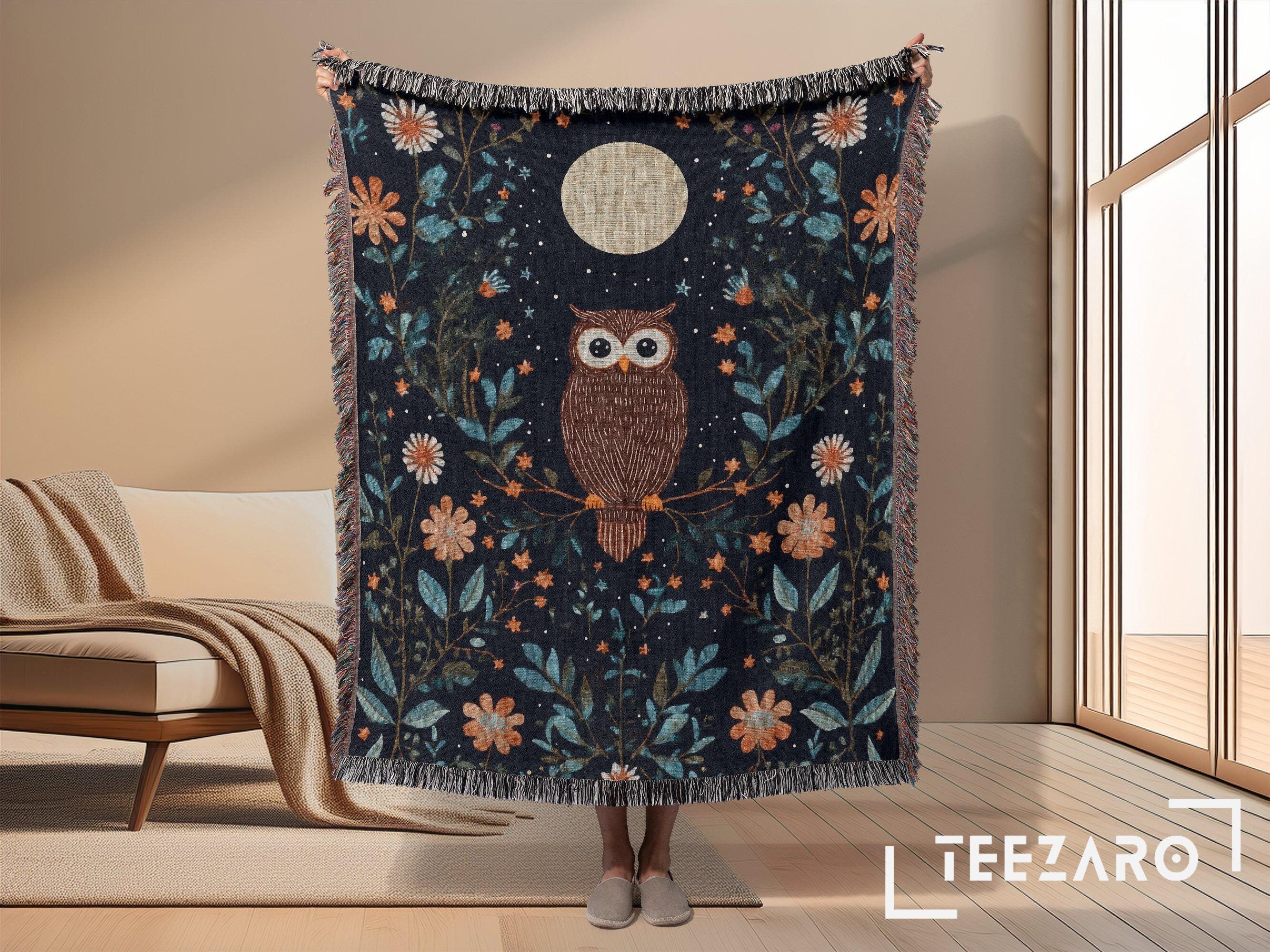 Owl Moon Woven Blanket: Celestial Stars Cotton Throw