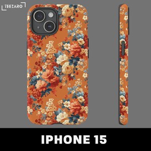May include: A floral phone case with a bright orange background and a variety of colorful flowers. The case is designed for an iPhone 15.