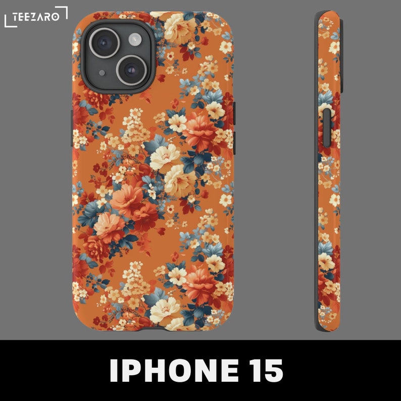 May include: A floral phone case with a bright orange background and a variety of colorful flowers. The case is designed for an iPhone 15.