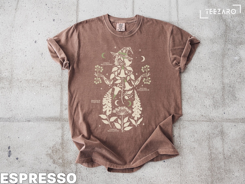 Vintage Botanical Wizard T-Shirt, Moon Phase Wiccan Witch Graphic Tee, Magical Plant Illustration Shirt, Unique Nature Design Top