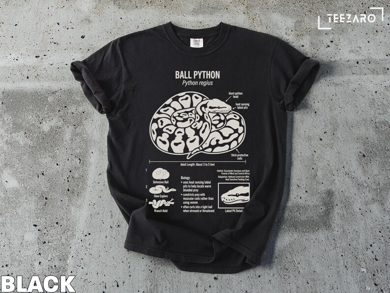 T-shirt graphic of a ball python with anatomical labels and biology facts.