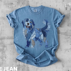 Camiseta jeans para cachorro, camiseta patchwork para filhotes, arte fofa de cachorrinho, design canino exclusivo, presente para amantes de cães, camiseta de animal