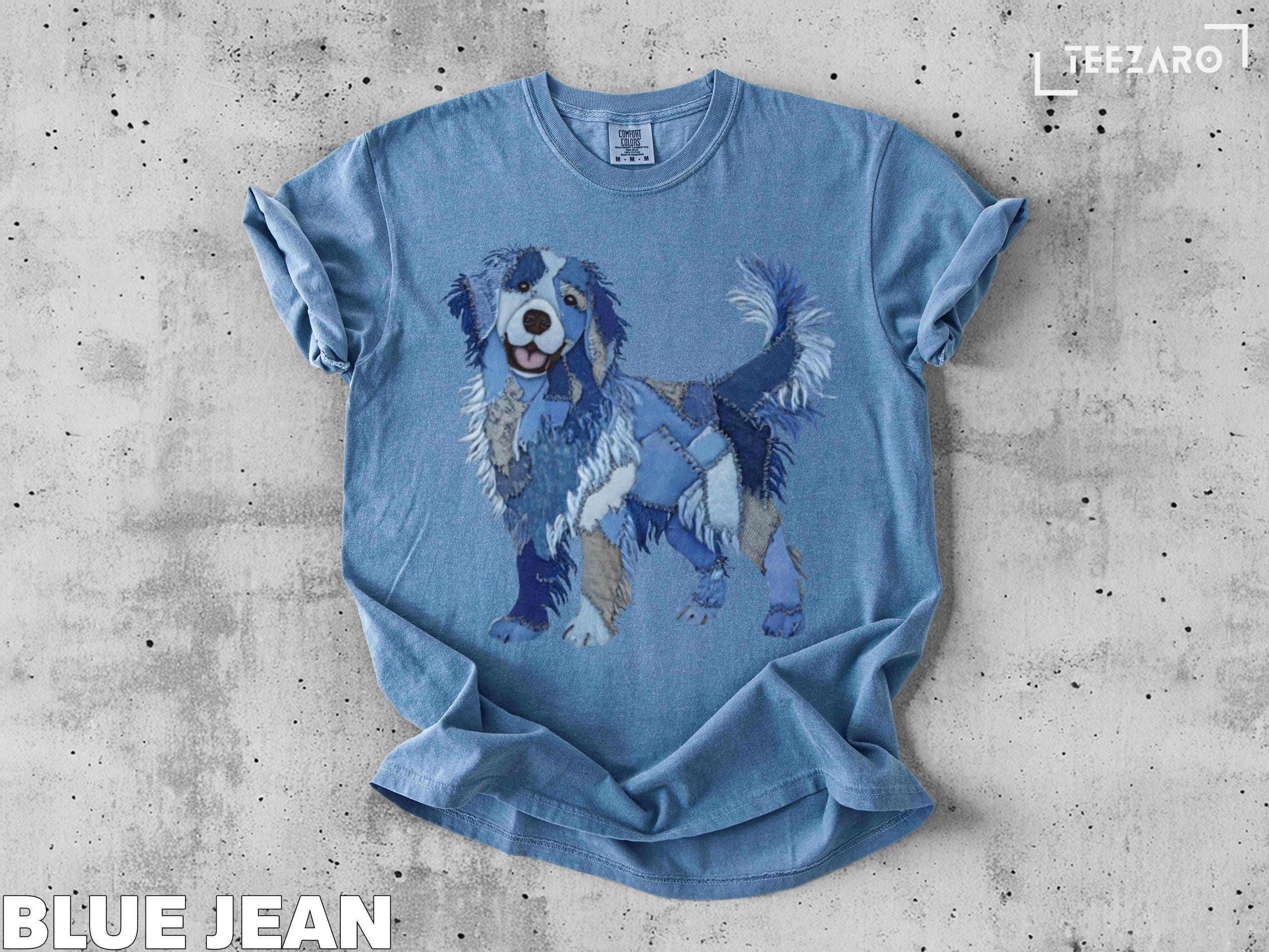 デニムパッチワークプリント犬用Tシャツ、コンフォートカラーTシャツ