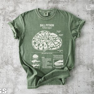 Green t-shirt with a scientific illustration of a ball python and its anatomy.