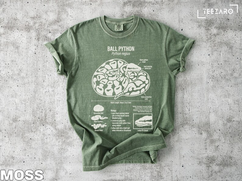 Green t-shirt with a scientific illustration of a ball python and its anatomy.