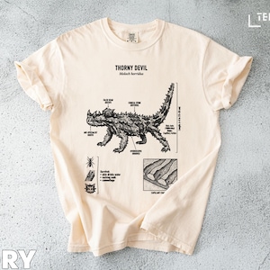 May include: Ivory-colored t-shirt featuring a detailed illustration of a thorny devil lizard with scientific annotations. The text "THORNY DEVIL Moloch horridus" is printed above the illustration. The shirt has rolled-up sleeves and a classic crew neck.