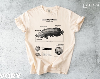 May include: Ivory-colored t-shirt featuring a detailed black and white illustration of an Arapaima fish, including labeled anatomical features. The text "ARAPAIMA (PIRARUCU)" is printed above the fish image. The shirt's length is up to 10 ft (3 m).