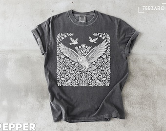 T-shirt hibou : oiseau en vol, motif floral, t-shirt graphique, imprimé nature