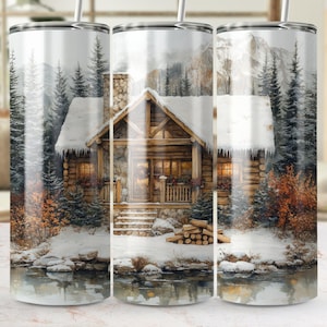 Winter Cabin Scene Digital Tumbler Wrap PNG, Rustic Log Cabin in Snowy Landscape Digital Design, Cozy Christmas Tumbler Wrap