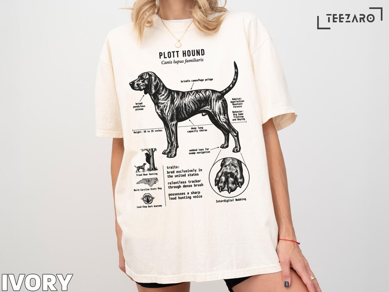 Plott Hound anatomy diagram with text labels on an ivory t-shirt.