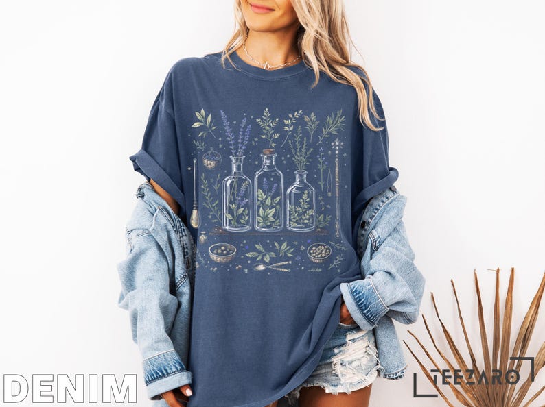 Botanical Apothecary T-Shirt: Cottagecore Herbalist Design Denim