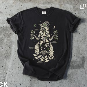 Witch Graphic Tee, Moon and Stars Design Shirt, Boho Witchy Vibes, Mystical Nature Illustration Top, Black Shirt