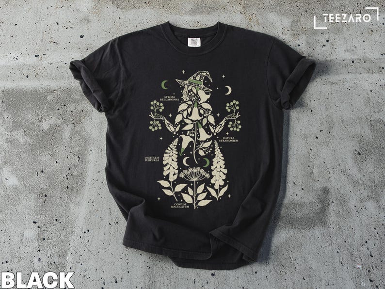 Witch Graphic Tee, Moon and Stars Design Shirt, Boho Witchy Vibes, Mystical Nature Illustration Top, Black Shirt