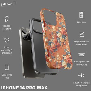 May include: A floral phone case for the iPhone 14 Pro Max. The case is made of a clear polycarbonate outer shell with a TPU liner. It has open ports for connectivity and is compatible with wireless charging.