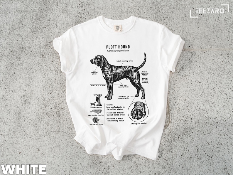 White t-shirt with a diagram of a Plott Hound dog breed.
