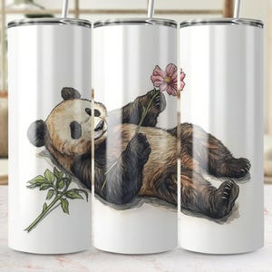 Cute Panda Holding Flower Digital Tumbler Wrap PNG Animal Art Sublimation Cute Panda Design High Quality Download Printable