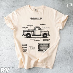 以下が含まれることがあります： ヴィンテージの農家トラックの詳細な図が描かれたアイボリー色のTシャツ。技術用語でラベル付けされています。「FARM TRUCK (1/2 TON)」の文字がイラストの上に印刷されています。シャツにはブランド名「TEEZARO」も含まれています。