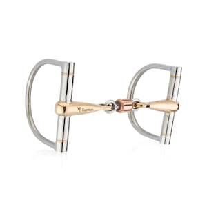 May include: A silver and gold horse bit with a copper link. The bit has a D-ring design and the brand "M. Touza" is engraved on the mouthpiece.