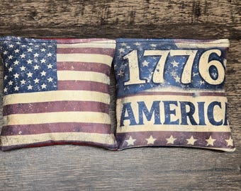 American Flag Cornhole Bags – Patriotic 1776 USA Game Set, Handmade Backyard Bean Bags