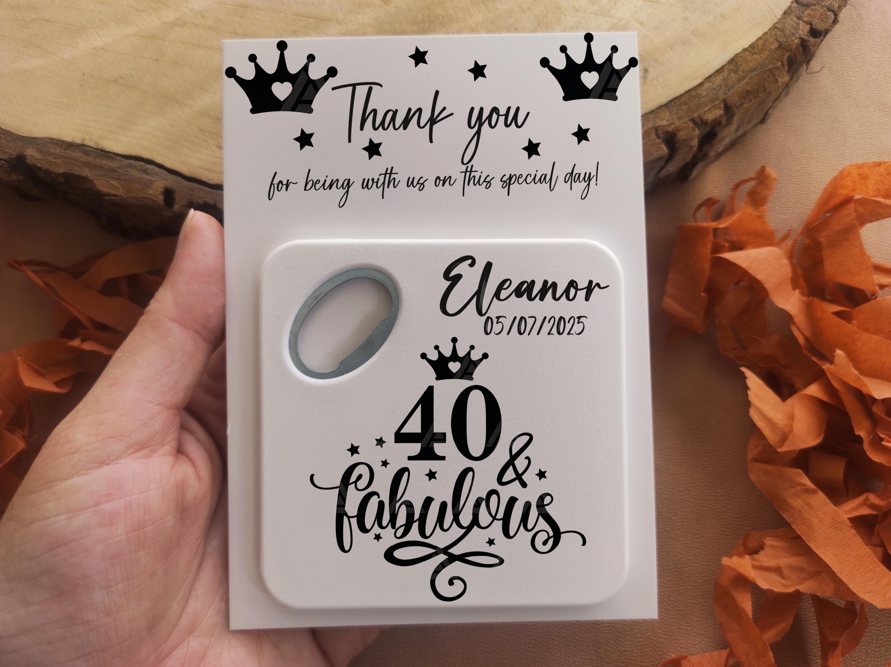 Personalized 40th Birthday Party Favors: Magnet Bottle Opener with Thank You Card