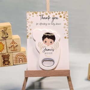 Bomboniera per battesimo a forma di angelo per neonato – Apribottiglie magnetico a forma di impronta – Regalo di battesimo personalizzato con tema stella dorata