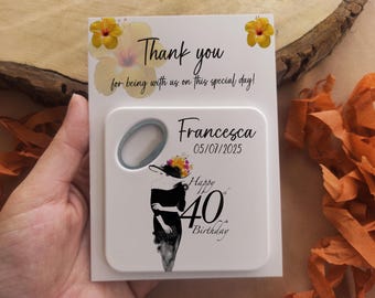 40th Birthday Bottle Opener Magnet: Elegant Black Dress Design, Custom Party Favors