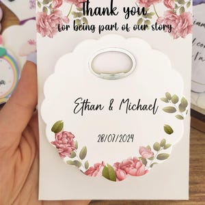 80 peças ímãs para casamento, abridor de garrafas personalizado com cartão de agradecimento, lembrança floral de rosa para convidados, lembrança personalizada