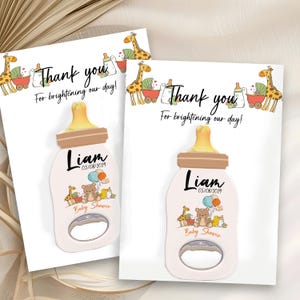 Bomboniera per baby shower – Calamita e apribottiglie a forma di bottiglia – Design personalizzato con animali della giungla, orso e giraffa