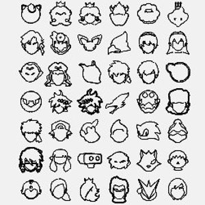 May include: Black and white line art illustrations of various video game characters, including Mario, Pikachu, Sonic the Hedgehog, and Samus Aran.