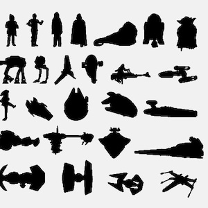May include: Silhouettes of characters and vehicles from the Star Wars franchise.  The characters include Darth Vader, Yoda, and a Stormtrooper.  The vehicles include the Millennium Falcon, X-Wing, and TIE Fighter.