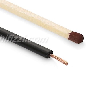 May include: Close-up of a black electrical wire with exposed copper strands next to a wooden matchstick with a brown tip. The wire is likely used for electrical connections.