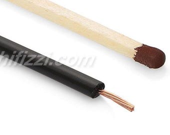 May include: Close-up of a black electrical wire with exposed copper strands next to a wooden matchstick with a brown tip. The wire is likely used for electrical connections.