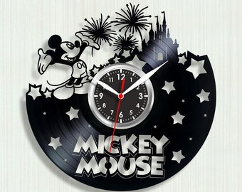 Zegar ścienny z płyty winylowej z Myszką Miki – dekoracja Disney Castle Fireworks, cichy, ręcznie robiony zegar, dekoracja ścienna do pokoju dziecięcego, magiczny prezent Disney