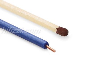May include: A close-up of a blue insulated wire with a copper core next to a wooden matchstick. The matchstick has a brown tip. The objects are set against a white background.