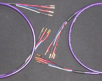 May include: Two purple audio cables, each coiled into a large circle, with multiple smaller wires extending from each end. The wires are red, white, and blue, with gold-colored tips. The cables are on a dark gray surface.