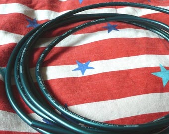 May include: Coiled dark green hook-up wire with printed text, resting on a red and white striped fabric with blue stars. The wire is labeled with text including "NESTECH" and "UP-OCC".