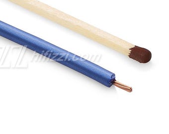 May include: A close-up of a blue electrical wire with exposed copper strands next to a wooden matchstick with a brown tip. The wire is a vibrant blue color, and the matchstick is a light tan color.